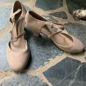 Modcloth- nude faux suede crisscross strap heels